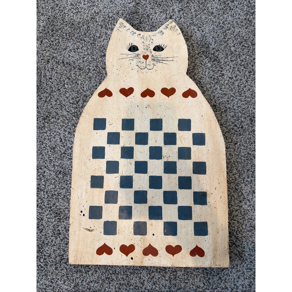 Vtg 1980's Wooden Tole Painted Cat Decor Checkers Board Folk Art Cottagecore